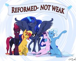 Size: 2108x1695 | Tagged: safe, artist:sakuracheetah, princess luna, starlight glimmer, sunset shimmer, tempest shadow, trixie, alicorn, pony, unicorn, my little pony: the movie, banner, broken horn, chest fluff, ear fluff, horn, hug, leg fluff, magic, open mouth, reformed, side hug, spread wings, telekinesis, wings