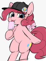 Size: 979x1281 | Tagged: safe, artist:manachaaaaaaaa, pinkie pie, earth pony, pony, baseball cap, bipedal, bow, cap, cute, diapinkes, eye clipping through hair, female, food, hair bow, hat, ice cream, looking at you, mare, solo, tongue out