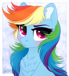 Size: 1350x1500 | Tagged: dead source, safe, artist:vird-gi, rainbow dash, pegasus, pony, blushing, bust, chest fluff, cute, dashabetes, ear fluff, female, fluffy, looking at you, mare, portrait, signature, solo