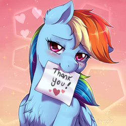 Size: 1000x1000 | Tagged: safe, artist:evomanaphy, rainbow dash, pegasus, pony, abstract background, beautiful, blushing, cheek fluff, chest fluff, cute, dashabetes, ear fluff, female, heart, looking at you, mouth hold, paper, solo, thank you