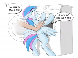 Size: 1722x1291 | Tagged: safe, artist:scheadar, oc, oc:starburn, original species, pegasus, pony, do not want, female, mare, missing cutie mark, offscreen character, plush pony, plushie, simple background, sketch, solo, washing machine, white background