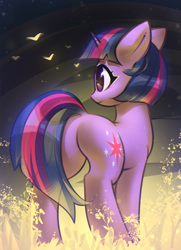 Size: 1201x1660 | Tagged: safe, artist:mirroredsea, twilight sparkle, unicorn twilight, pony, unicorn, abstract background, butt, cute, female, looking sideways, mare, plot, rear view, short mane, solo, transparent tail, twiabetes, twibutt