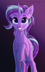 Size: 1175x1851 | Tagged: safe, artist:deltauraart, starlight glimmer, pony, unicorn, chest fluff, cute, ear fluff, female, glimmerbetes, gradient background, grin, leg fluff, mare, one hoof raised, raised leg, smiling, solo