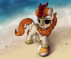 Size: 2426x1986 | Tagged: safe, artist:hitbass, autumn blaze, kirin, awwtumn blaze, beach, beach ball, cloven hooves, cute, female, head turn, looking at you, open mouth, smiling, solo