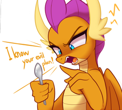 Size: 2454x2222 | Tagged: safe, artist:maren, smolder, dragon, angry, dialogue, dragoness, female, open mouth, silly, silly dragon, simple background, solo, spoon, sweat, sweatdrop, white background, yelling