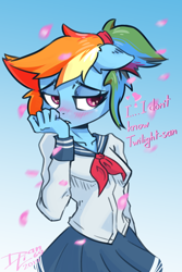 Size: 2560x3840 | Tagged: safe, artist:danli69, rainbow dash, twilight sparkle, anthro, alternate hairstyle, blushing, clothes, collarbone, cute, dashabetes, female, floppy ears, japanese school uniform, lesbian, lidded eyes, out of character, ponytail, school uniform, schoolgirl, shipping, shy, twidash