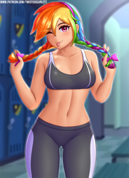 Size: 1810x2501 | Tagged: safe, artist:twistedscarlett60, rainbow dash, human, :p, adorasexy, alternate hairstyle, beautisexy, belly button, blurry background, blushing, bow, braid, braided pigtails, breasts, clothes, cute, dashabetes, female, hair bow, high res, humanized, locker room, looking at you, midriff, one eye closed, rainboob dash, sexy, solo, sports bra, stupid sexy rainbow dash, tongue out, wink