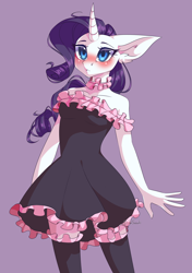 Size: 3000x4251 | Tagged: safe, artist:jun1313, rarity, anthro, unicorn, adorasexy, bare shoulders, beautiful, blushing, breasts, choker, clothes, curved horn, cute, delicious flat chest, dress, female, flatchestity, frilly, frilly dress, frilly socks, horn, mare, purple background, raribetes, sexy, shoulderless, simple background, socks, solo, stockings, thigh highs, zettai ryouiki