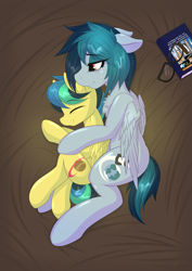 Size: 2893x4092 | Tagged: safe, artist:mirapony, oc, oc only, oc:apogee, oc:delta vee, pegasus, pony, bed, body freckles, book, chest fluff, crying, cuddling, cute, diageetes, diaveetes, eye clipping through hair, female, filly, floppy ears, freckles, glasses, happy, mare, mother and child, mother and daughter, on bed, parent and child, smiling, spooning, tears of joy, wholesome