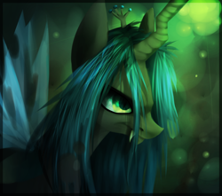 Size: 1600x1413 | Tagged: safe, artist:imalou, queen chrysalis, changeling, changeling queen, fangs, female, frown, smiling, solo
