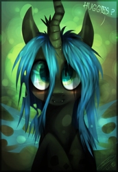 Size: 813x1183 | Tagged: safe, artist:imalou, queen chrysalis, changeling, changeling queen, nymph, abstract background, blushing, cute, cutealis, dialogue, fangs, female, looking at you, smiling, solo