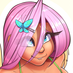 Size: 512x512 | Tagged: source needed, safe, artist:sugarlesspaints, fluttershy, butterfly, human, bust, cropped, cutie mark hair accessory, eye clipping through hair, eyebrows visible through hair, eyelashes, hair over one eye, hairpin, humanized, lip bite, portrait, smiling, solo, winged humanization, wings