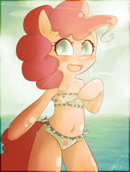 Size: 1200x1600 | Tagged: safe, artist:imalou, pinkie pie, earth pony, pony, semi-anthro, adorasexy, attached skirt, bandeau, belly button, bikini, bipedal, blue swimsuit, blushing, breasts, clothes, colored pupils, crepuscular rays, curvy, cute, delicious flat chest, diapinkes, female, frilled swimsuit, frilly, happy, lace, looking at you, midriff, ocean, open mouth, sexy, smiling, solo, stupid sexy pinkie, sunset, swimsuit