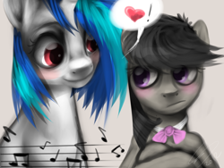 Size: 1400x1050 | Tagged: safe, artist:imalou, dj pon-3, octavia melody, vinyl scratch, earth pony, pony, unicorn, blushing, female, lesbian, mare, music notes, scratchtavia, shipping