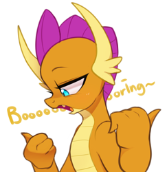 Size: 2525x2597 | Tagged: safe, artist:maren, smolder, dragon, boring, brat, bust, dialogue, dragoness, female, horns, lidded eyes, looking down, open mouth, profile, side view, simple background, smolder is not amused, snobby, solo, teenaged dragon, teenager, thumbs, thumbs down, unamused, unimpressed, white background