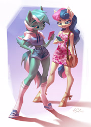 Size: 2067x2894 | Tagged: safe, artist:holivi, bon bon, lyra heartstrings, sweetie drops, anthro, earth pony, unguligrade anthro, unicorn, beautiful, beautisexy, booty shorts, cellphone, clothes, denim shorts, dress, duo, duo female, female, hand on hip, handbag, happy, hoodie, kneesocks, legs, lidded eyes, mare, midriff, open mouth, phone, purse, sandals, sexy, shoes, short shirt, short-sleeved hoodie, shorts, smartphone, smiling, smug, sneakers, socks, tail