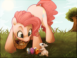Size: 1600x1200 | Tagged: safe, artist:imalou, pinkie pie, earth pony, pony, rabbit, basket, cutie mark, easter, easter basket, easter egg, female, looking at each other, mare