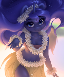 Size: 2155x2608 | Tagged: safe, artist:katputze, princess luna, alicorn, anthro, adorasexy, bandeau, bare shoulders, belly button, clothes, cute, female, grass skirt, hawaii, hawaiian, hula, hula dance, lei, looking at you, lunabetes, mare, midriff, sexy, skirt, smiling, solo, sweet dreams fuel