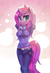 Size: 1041x1530 | Tagged: safe, artist:freedomthai, oc, oc only, oc:star myst, anthro, unicorn, anthro oc, blushing, clothes, female, hoodie, jeans, looking at you, mare, not cadance, pants, solo, stretching