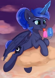 Size: 1200x1700 | Tagged: safe, artist:php97, princess luna, alicorn, pony, alternate hairstyle, cloud, cute, earbuds, female, food, glowing horn, horn, licking, lunabetes, magic, mare, mp3 player, on a cloud, popsicle, sitting on cloud, sky, solo, telekinesis, tongue out