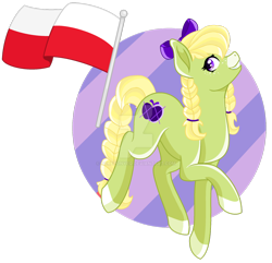 Size: 1280x1233 | Tagged: safe, artist:pokeponyeq, oc, oc:apple pattern, earth pony, pony, bow, deviantart watermark, female, flag, hair bow, mare, obtrusive watermark, offspring, parent:applejack, parent:trenderhoof, parents:trenderjack, poland, solo, watermark