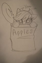 Size: 1958x2956 | Tagged: safe, artist:xchan, applejack, earth pony, pony, can, cute, jackabetes, looking at you, monochrome, peeking, pencil drawing, solo, soon, tiny ponies, traditional art