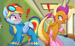 Size: 3072x1874 | Tagged: safe, artist:maren, rainbow dash, smolder, dragon, pegasus, pony, blushing, butt, caught, clothes, commission, dragoness, duo, duo female, exclamation point, female, goggles, hallway, high res, mare, open mouth, plot, princess smolder, rainbutt dash, raised tail, school, school of friendship, smolder also dresses in style, smolderriere, sweat, tail, undressing, uniform, wardrobe malfunction, we don't normally wear clothes, wonderbolts uniform