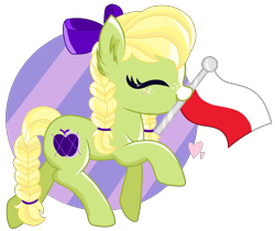 Size: 1720x1444 | Tagged: safe, artist:pokeponyeq, oc, oc:apple pattern, earth pony, pony, bow, braid, braided tail, female, flag, hair bow, mare, mouth hold, offspring, parent:applejack, parent:trenderhoof, parents:trenderjack, poland, simple background, solo, transparent background