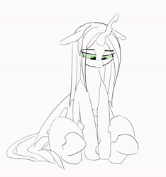 Size: 3826x4096 | Tagged: safe, artist:pabbley, queen chrysalis, changeling, changeling queen, cute, cutealis, eye clipping through hair, female, floppy ears, looking down, monochrome, neo noir, partial color, sad, sadorable, simple background, sitting, solo, white background