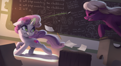 Size: 3940x2160 | Tagged: safe, artist:vanillaghosties, cheerilee, sweetie belle, earth pony, pegasus, pony, unicorn, abuse, atg 2019, blatant lies, chalkboard, chase, cheeribuse, cheerilee is unamused, classroom, cutie mark, featured image, female, filly, fortnite, glowing horn, high res, horn, magic, mare, newbie artist training grounds, paper, pencil, running, scared, sweetie belle's magic brings a great big smile, sweetie fail, telekinesis, the cmc's cutie marks, this will end in death, this will end in detention, this will end in tears, this will end in tears and/or death