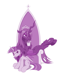 Size: 1280x1621 | Tagged: safe, artist:dstears, queen chrysalis, twilight sparkle, twilight sparkle (alicorn), alicorn, changeling, changeling queen, pony, atg 2019, chains, collar, female, mare, monochrome, new crown, newbie artist training grounds, quadrupedal, throne, twilight is not amused, unamused, victorious villain