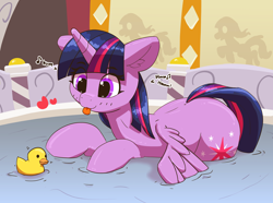 Size: 3446x2570 | Tagged: safe, artist:pabbley, twilight sparkle, twilight sparkle (alicorn), alicorn, pony, :p, bath, cute, female, happy, heart, humming, mare, playing, rubber duck, smiling, solo, spa, tongue out, toy, twiabetes, water, wet, wet mane