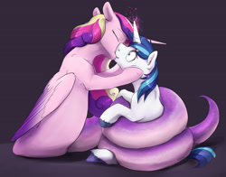 Size: 4200x3300 | Tagged: safe, artist:silfoe, princess cadance, shining armor, lamia, original species, unicorn, coils, commission, female, horn, horngasm, implied transformation, kissing, lamiafied, male, mare, orgasm, scaroused, shiningcadance, shipping, species swap, stallion, straight, surprised