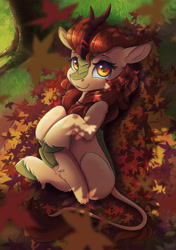 Size: 2400x3400 | Tagged: safe, artist:ardail, autumn blaze, kirin, sounds of silence, autumn, awwtumn blaze, cute, female, high res, leaves, smiling, solo