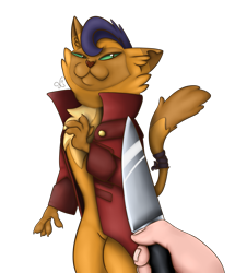 Size: 1287x1496 | Tagged: safe, artist:xchan, color edit, derpibooru exclusive, edit, capper dapperpaws, oc, oc:anon, abyssinian, anthro, cat, my little pony: the movie, 1000 degree knife, clothes, color, colored, dead meme, knife, knife cat, male, ponified animal photo, simple background, solo, squint, this will end in death, transparent background