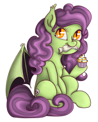 Size: 2570x3189 | Tagged: safe, artist:xchan, derpibooru exclusive, oc, oc only, oc:spooky treats, bat pony, pony, spider, 2018 community collab, baking, chest fluff, cupcake, cute, derpibooru community collaboration, ear fluff, fangs, female, food, looking at you, mare, mouth hold, ocbetes, simple background, sitting, smiling, solo, transparent background