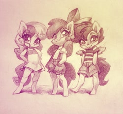 Size: 1911x1772 | Tagged: safe, artist:holivi, apple bloom, scootaloo, sweetie belle, anthro, earth pony, pegasus, unguligrade anthro, unicorn, bow, clothes, cutie mark crusaders, dress, female, filly, hair bow, hands in pockets, shirt, shorts, sketch, t-shirt, trio