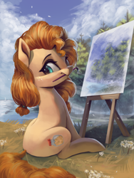 Size: 3000x4000 | Tagged: safe, artist:vanillaghosties, pear butter, earth pony, pony, applejack's mom, atg 2019, brush, canvas, cute, female, freckles, grass, looking at you, mare, mouth hold, nature, newbie artist training grounds, outdoors, paintbrush, painting, scenery, sitting, solo, tree, water