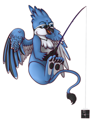 Size: 1500x2000 | Tagged: safe, artist:xchan, derpibooru exclusive, oc, oc only, oc:lafiri, griffon, bluejay griffon, fishing, fishing rod, floppy disk, flying, griffon oc, open mouth, paws, simple background, solo, transparent background, underpaw