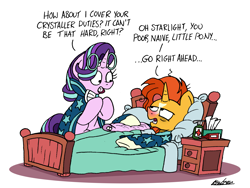 Size: 2401x1801 | Tagged: safe, artist:bobthedalek, starlight glimmer, sunburst, pony, unicorn, atg 2019, bags under eyes, bed, clothes, dialogue, glasses, medicine, messy mane, newbie artist training grounds, pajamas, red nosed, robe, sick, starlight wearing sunburst's robe, sunburst's glasses, sunburst's robe, tempting fate, this will end in pain, this will end in tears, this will not end well, tissue box