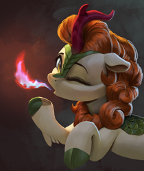 Size: 2140x2550 | Tagged: safe, artist:vanillaghosties, autumn blaze, kirin, atg 2019, awwtumn blaze, blowing a kiss, bronybait, cloven hooves, cute, female, fire, fire breath, high res, looking at you, newbie artist training grounds, one eye closed, solo, wink