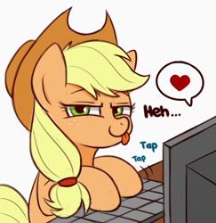 Size: 997x1024 | Tagged: safe, artist:handgunboi, applejack, earth pony, pony, :p, atg 2020, computer, cowboy hat, female, hat, heart, keyboard, looking at you, mare, newbie artist training grounds, pictogram, solo, speech bubble, table, tongue out