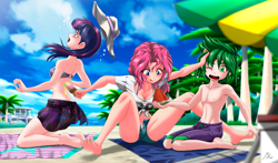 Size: 3528x2078 | Tagged: safe, artist:mauroz, pinkie pie, spike, twilight sparkle, human, armpits, barefoot, beach, breasts, cleavage, clothes, cold, cute, denim shorts, feet, food, full body, hat, human spike, humanized, legs, lineart, male, male feet, open mouth, popsicle, sarong, shirt, shorts, skirt, soles, surprised, swimming trunks, swimsuit, t-shirt, thighs, toes, tongue out, upscaled, watermark, watermelon
