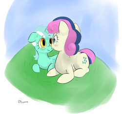 Size: 1500x1403 | Tagged: safe, artist:browwning, bon bon, lyra heartstrings, sweetie drops, adorabon, blushing, cute, female, kissing, lesbian, lying down, lyrabetes, lyrabon, shipping, smiling