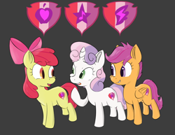 Size: 1766x1360 | Tagged: safe, artist:browwning, apple bloom, scootaloo, sweetie belle, crusaders of the lost mark, cute, cutie mark, cutie mark crusaders, eye contact, gray background, grin, looking at each other, open mouth, raised hoof, simple background, smiling, the cmc's cutie marks, trio