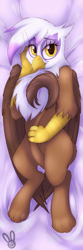 Size: 640x1920 | Tagged: safe, artist:meggchan, gilda, griffon, bedroom eyes, body pillow, body pillow design, female, hug, looking at you, on back, sexy, smiling, solo, tail between legs, tail hug