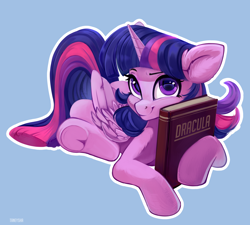 Size: 2632x2368 | Tagged: safe, artist:taneysha, twilight sparkle, twilight sparkle (alicorn), alicorn, pony, adorkable, blue background, book, cute, dork, dracula, ear fluff, female, frog (hoof), looking at you, mare, prone, simple background, solo, twiabetes, underhoof