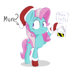 Size: 1500x1500 | Tagged: safe, artist:browwning, minty, g3, christmas, clothes, cute, g3betes, hat, mintabetes, mismatched socks, santa hat, simple background, smiling, socks, solo, striped socks, that pony sure does love socks, white background