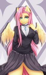 Size: 2160x3503 | Tagged: safe, artist:gyuumu, fluttershy, anthro, pegasus, fake it 'til you make it, female, fluttergoth, mare, simple background, solo, watermark