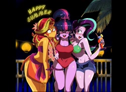 Size: 2384x1748 | Tagged: safe, artist:traupa, sci-twi, starlight glimmer, sunset shimmer, twilight sparkle, equestria girls, adorasexy, beverage, bikini, black background, blushing, breasts, busty sci-twi, cleavage, clothes, cute, drink, drunk, drunk twilight, drunker glimmer, drunker shimmer, drunklight glimmer, feet, female, glasses, glimmerbetes, hair over one eye, juice, lei, luau, night, one-piece swimsuit, open mouth, sarong, sexy, shimmerbetes, shorts, starlight jiggler, straw, summer, swimsuit, twiabetes